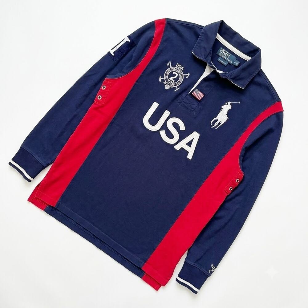 POLO Ralph Lauren Vintage Custom Fit USA Rugby Shirt Blue Long Sleeve Mens XL
